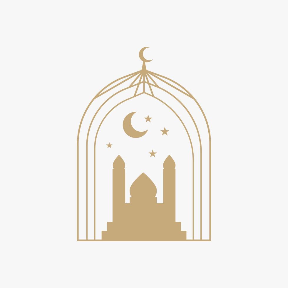 Ramadan Eid Mubarak post art with Boho arch. Modern Islamic pattern. Card with Arabian mosque towers and moon. Religious holiday. Night landscape vector
