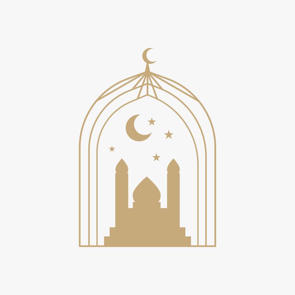 Ramadán eid Mubarak enviar Arte con boho arco. moderno islámico modelo. tarjeta con árabe mezquita torres y Luna. religioso día festivo. noche paisaje vector