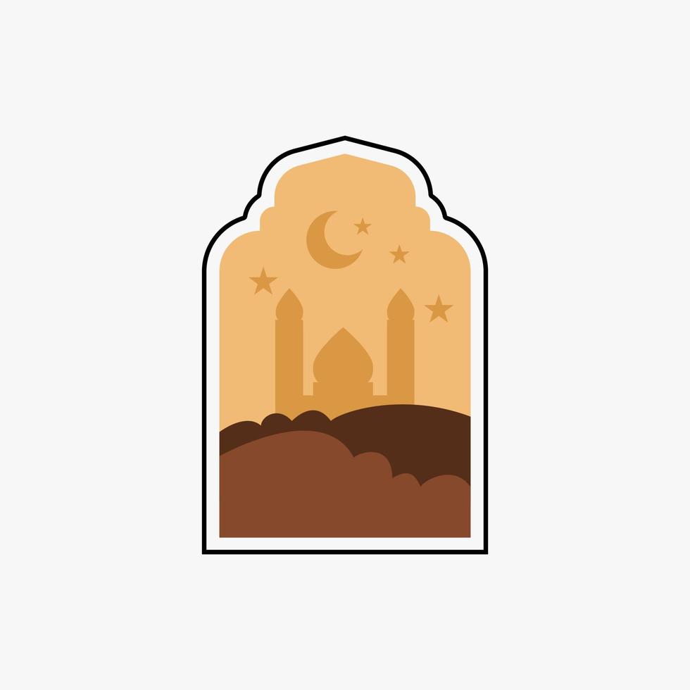 Ramadán eid Mubarak enviar Arte con boho arco. moderno islámico modelo. tarjeta con árabe mezquita torres y Luna. religioso día festivo. noche paisaje vector