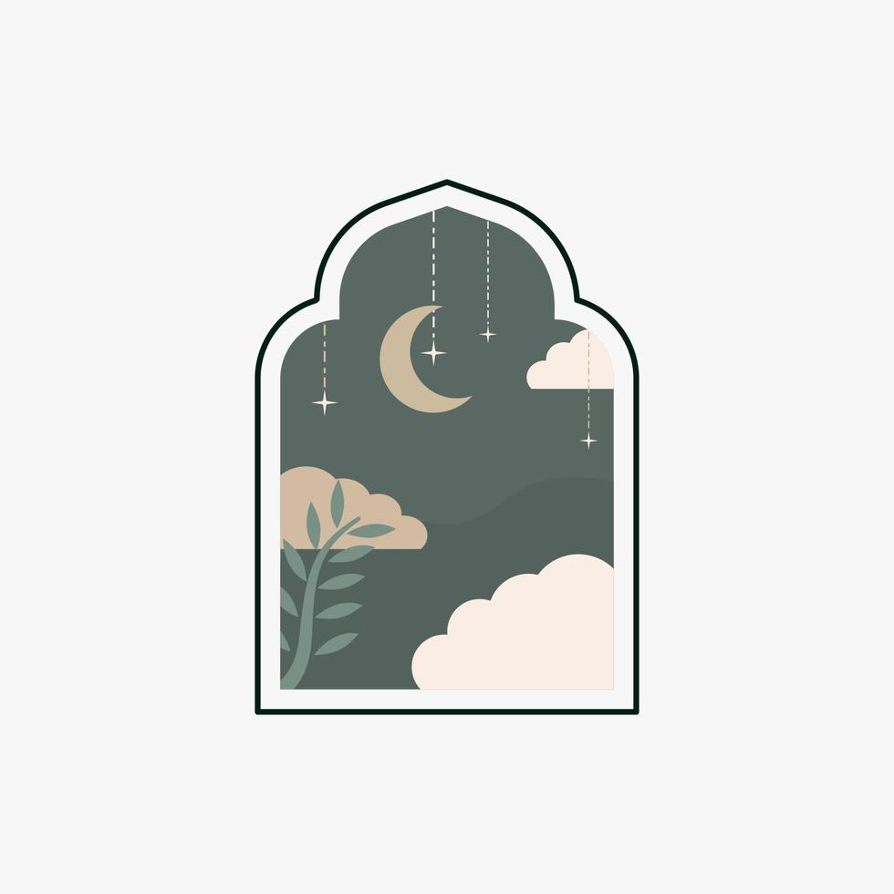 Ramadan Eid Mubarak post art with Boho arch. Modern Islamic pattern. Card with Arabian mosque towers and moon. Religious holiday. Night landscape vector