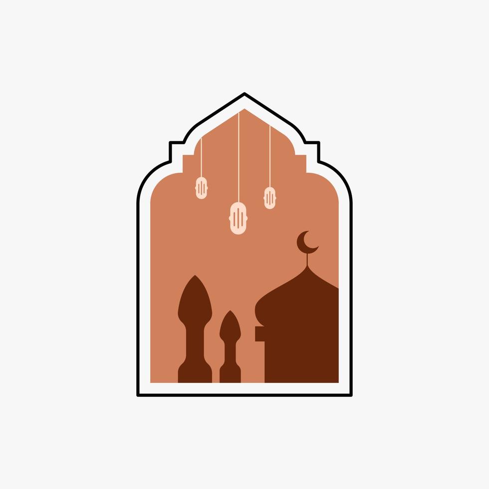 Ramadan Eid Mubarak post art with Boho arch. Modern Islamic pattern. Card with Arabian mosque towers and moon. Religious holiday. Night landscape vector