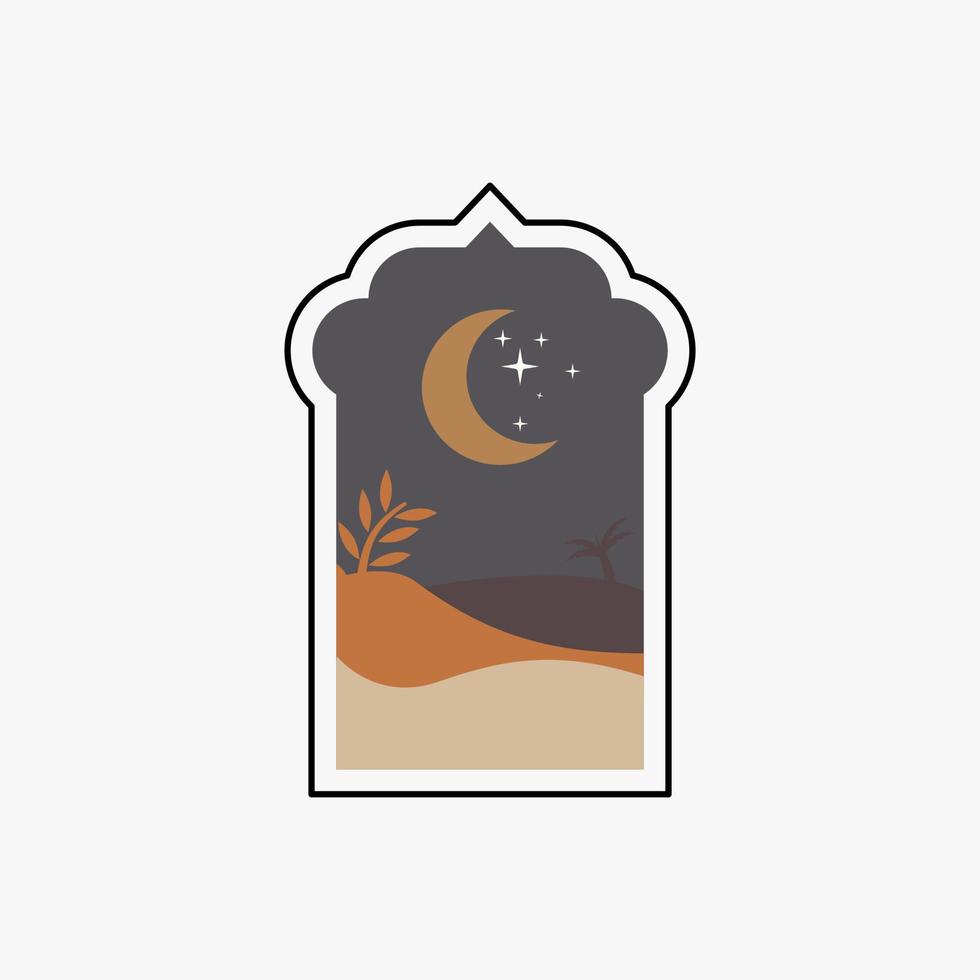 Ramadán eid Mubarak enviar Arte con boho arco. moderno islámico modelo. tarjeta con árabe mezquita torres y Luna. religioso día festivo. noche paisaje vector