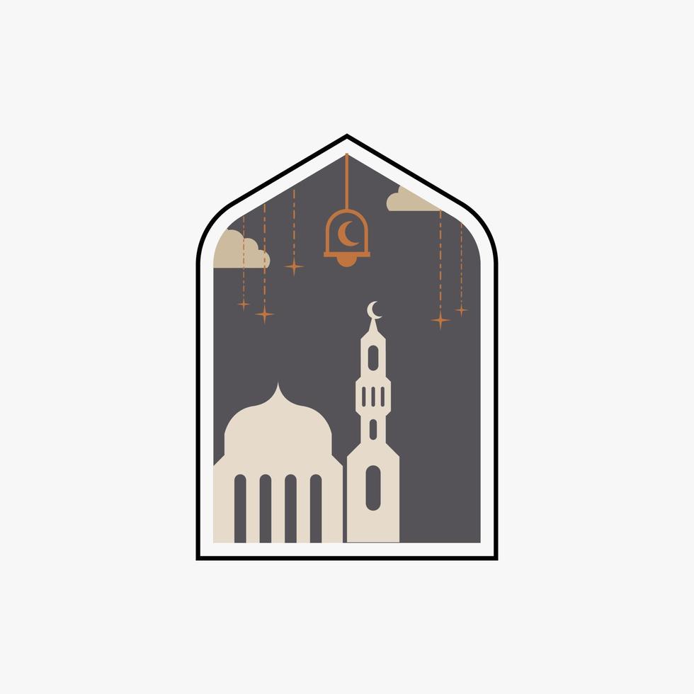 Ramadán eid Mubarak enviar Arte con boho arco. moderno islámico modelo. tarjeta con árabe mezquita torres y Luna. religioso día festivo. noche paisaje vector
