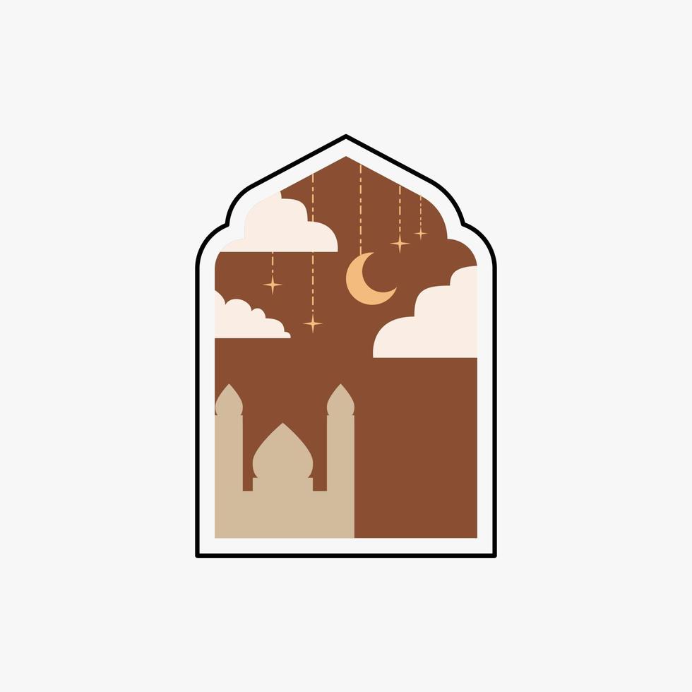Ramadan Eid Mubarak post art with Boho arch. Modern Islamic pattern. Card with Arabian mosque towers and moon. Religious holiday. Night landscape vector