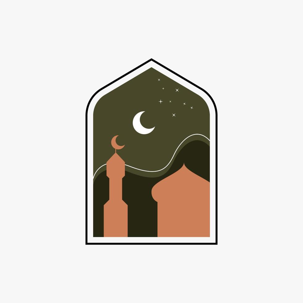 Ramadan Eid Mubarak post art with Boho arch. Modern Islamic pattern. Card with Arabian mosque towers and moon. Religious holiday. Night landscape vector