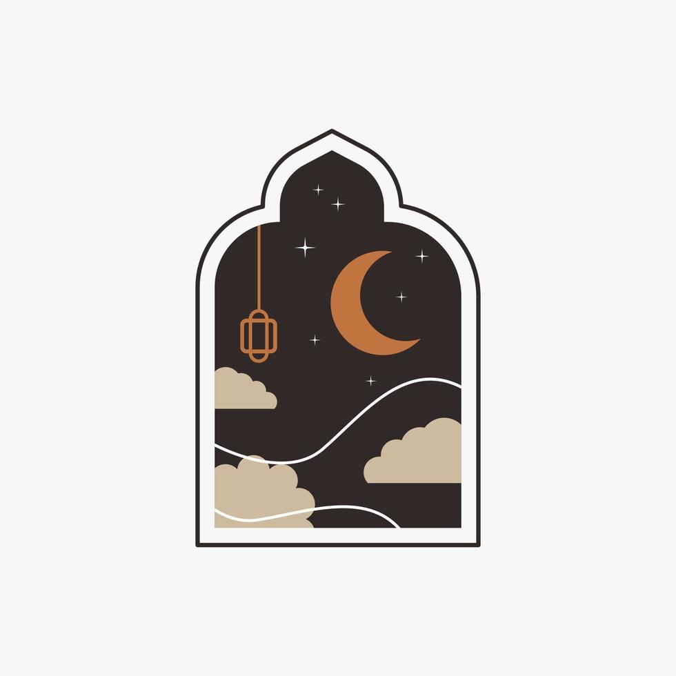 Ramadán eid Mubarak enviar Arte con boho arco. moderno islámico modelo. tarjeta con árabe mezquita torres y Luna. religioso día festivo. noche paisaje vector