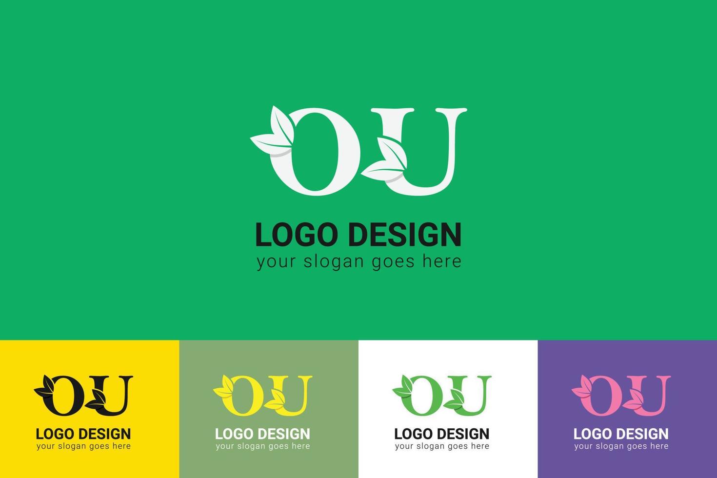OU letters eco logo with green leaf. Ecology letter logo. Vector typeface for nature posters, eco friendly emblem, vegan identity, herbal and botanical cards etc.