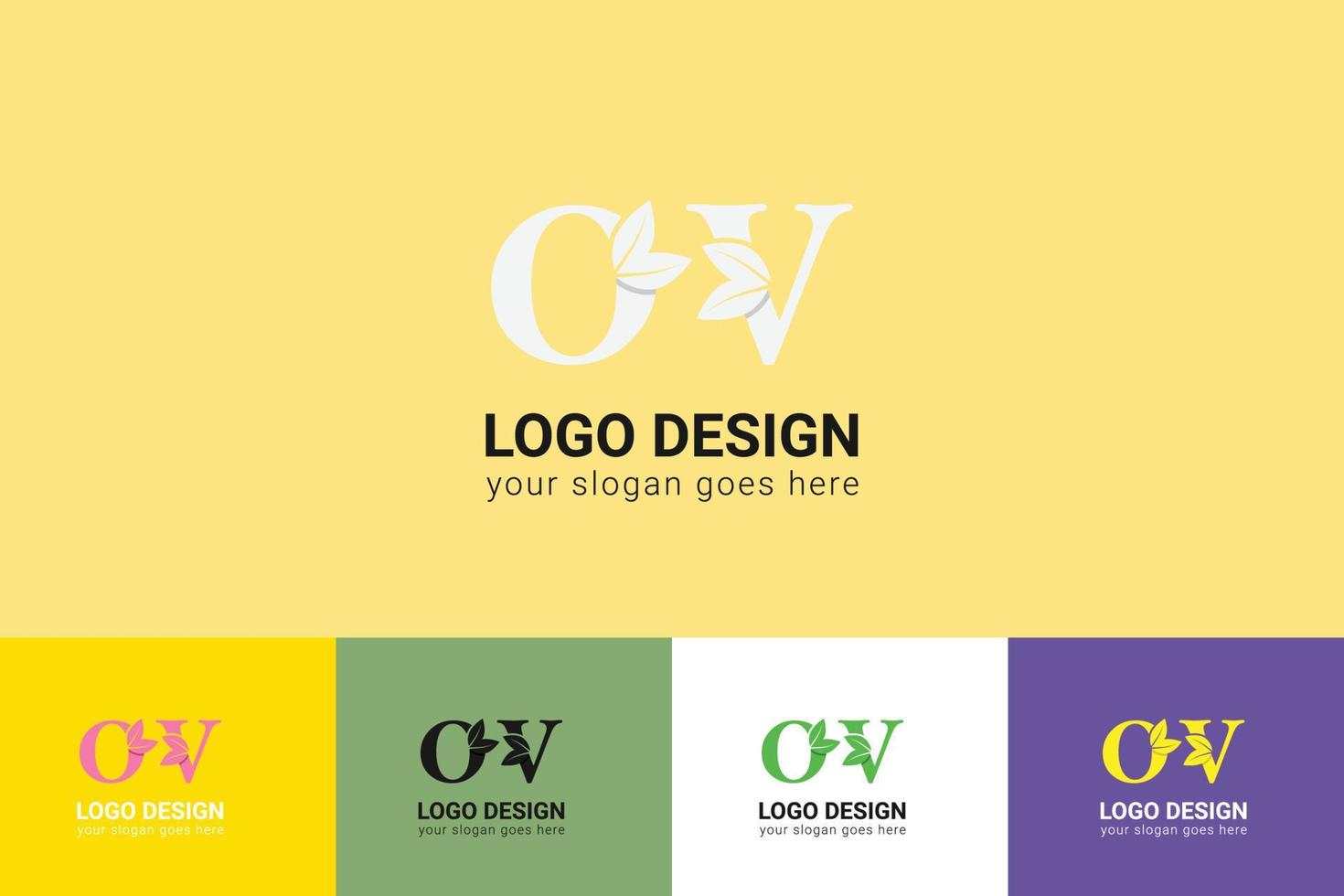 OV letters eco logo with green leaf. Ecology letter logo. Vector typeface for nature posters, eco friendly emblem, vegan identity, herbal and botanical cards etc.
