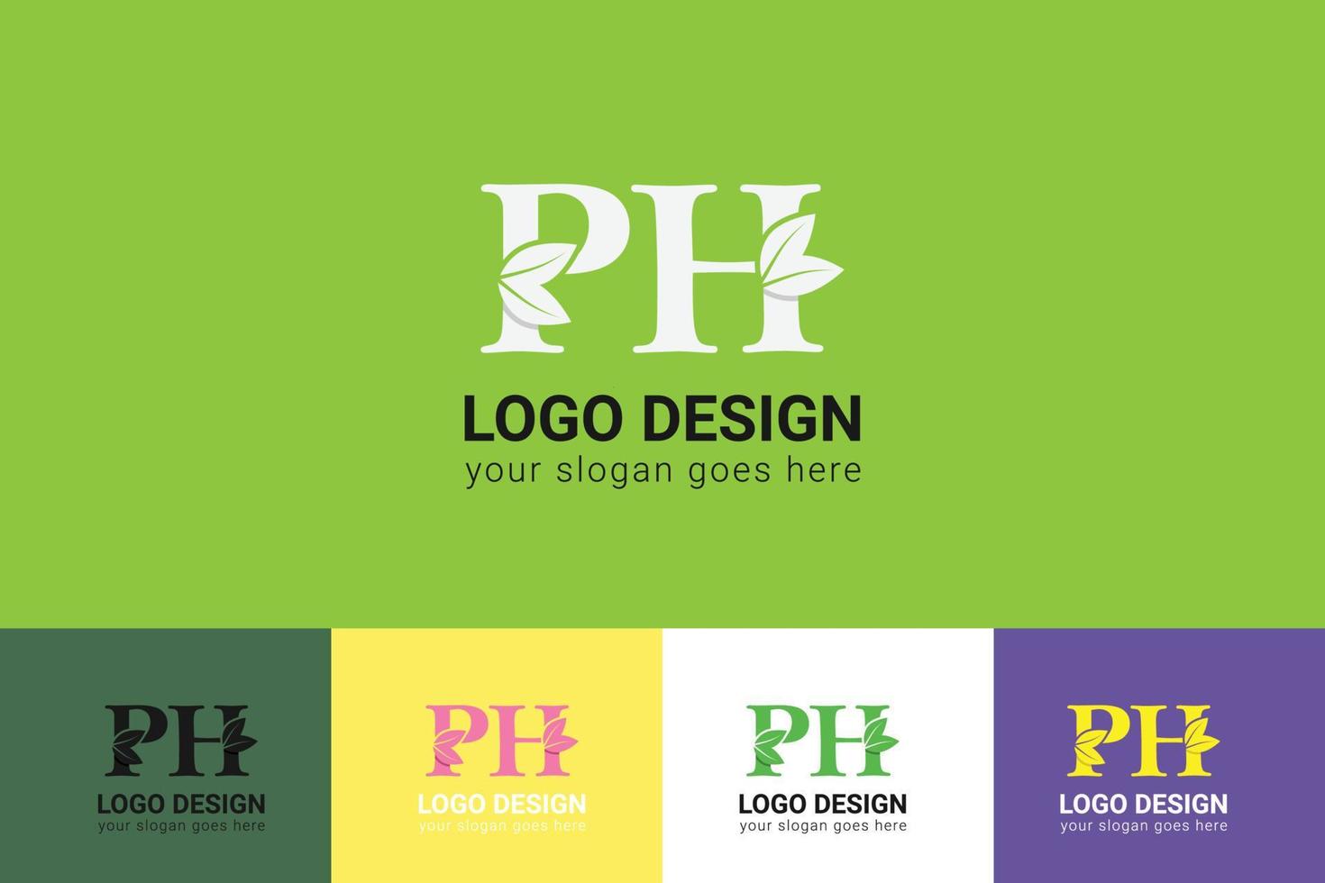 PH letters eco logo with green leaf. Ecology letter logo. Vector typeface for nature posters, eco friendly emblem, vegan identity, herbal and botanical cards etc.