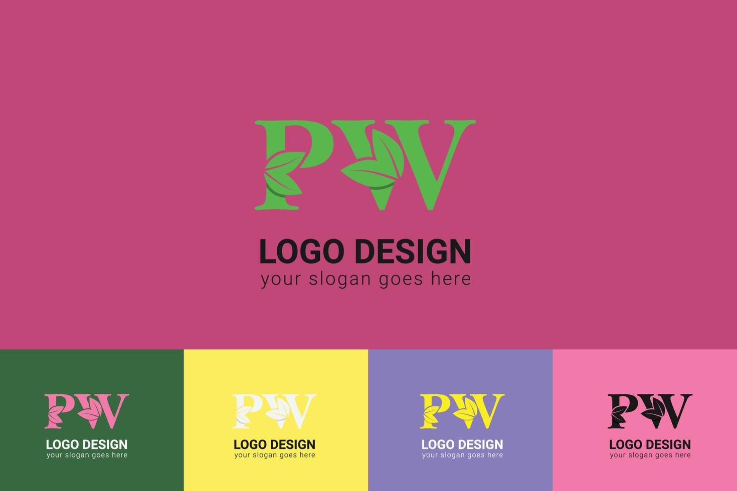 PW letters eco logo with green leaf. Ecology letter logo. Vector typeface for nature posters, eco friendly emblem, vegan identity, herbal and botanical cards etc.