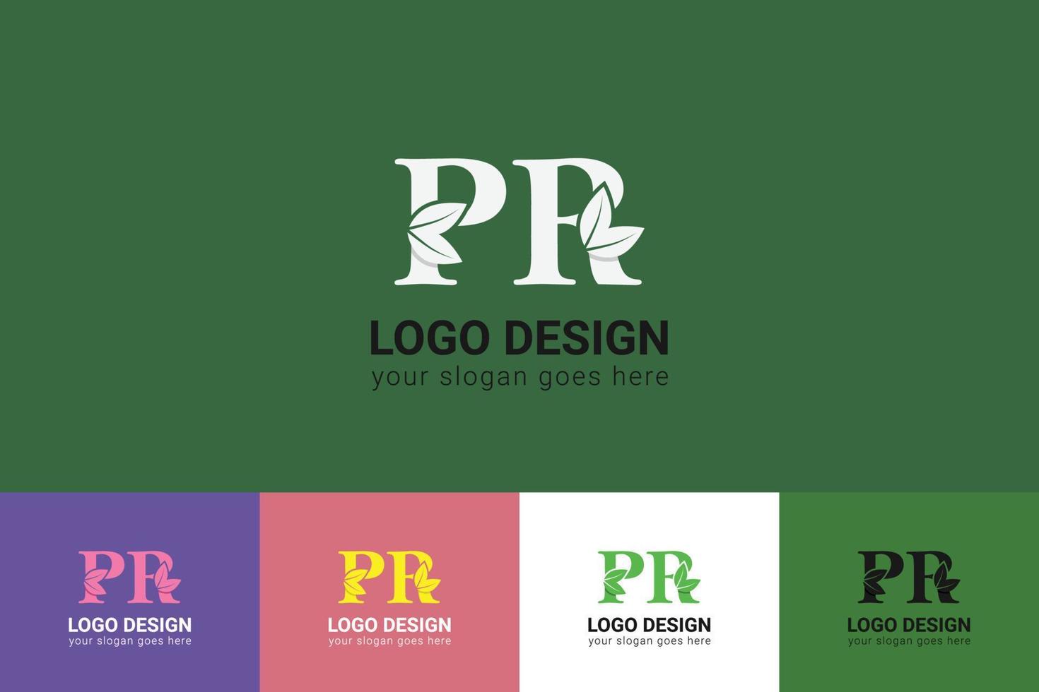 PR letters eco logo with green leaf. Ecology letter logo. Vector typeface for nature posters, eco friendly emblem, vegan identity, herbal and botanical cards etc.
