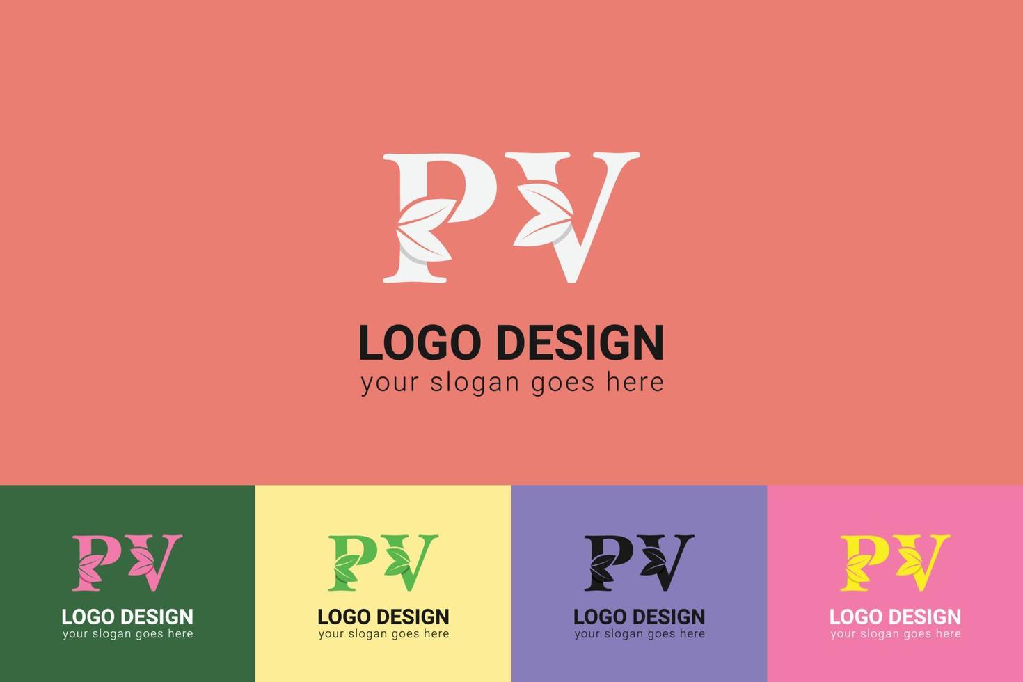 PV letters eco logo with green leaf. Ecology letter logo. Vector typeface for nature posters, eco friendly emblem, vegan identity, herbal and botanical cards etc.