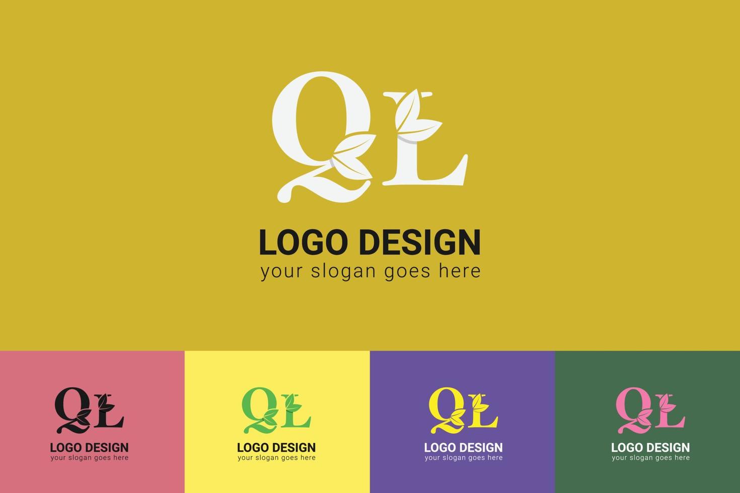 QL letters eco logo with green leaf. Ecology letter logo. Vector typeface for nature posters, eco friendly emblem, vegan identity, herbal and botanical cards etc.
