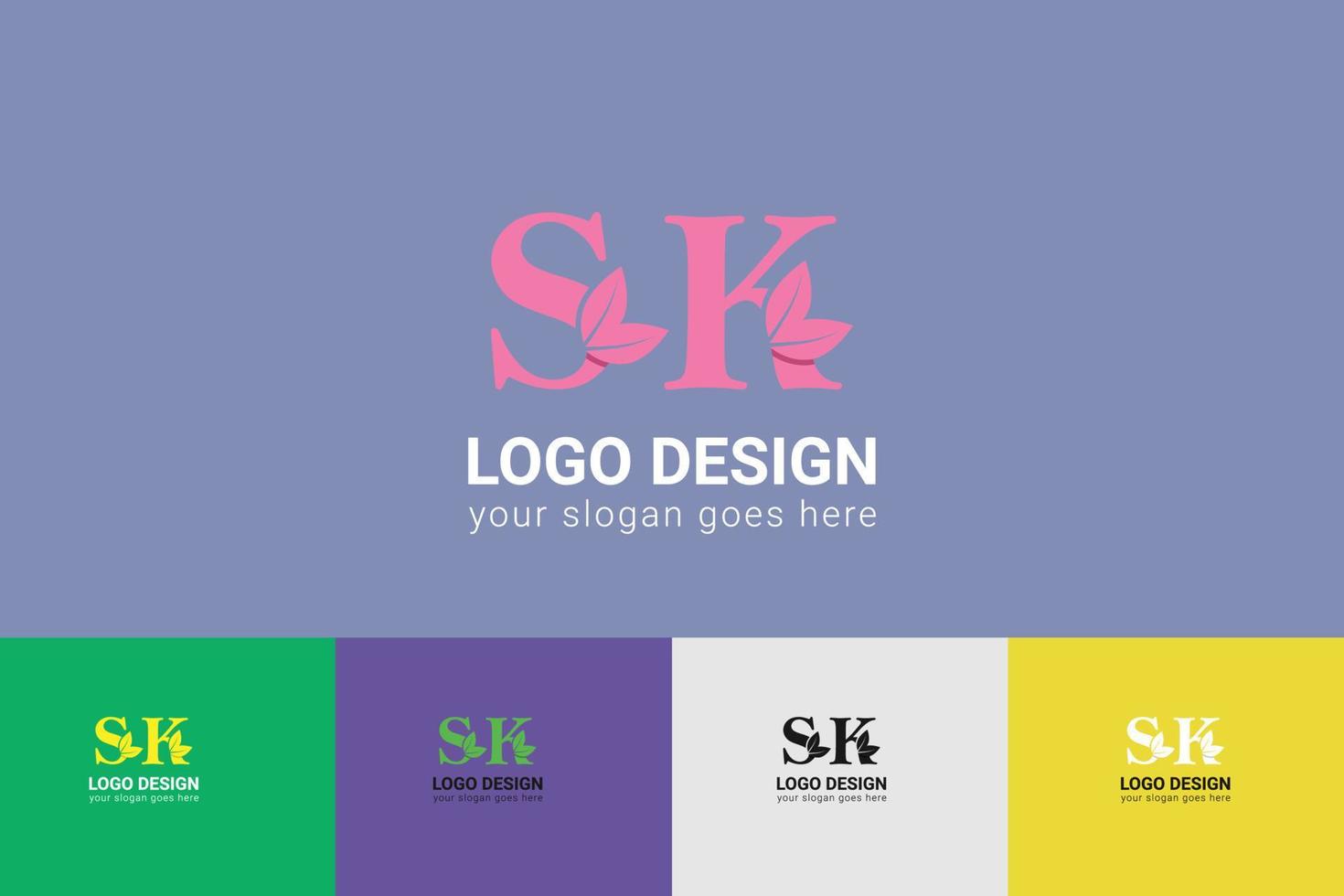 SK letters eco logo with green leaf. Ecology letter logo. Vector typeface for nature posters, eco friendly emblem, vegan identity, herbal and botanical cards etc.