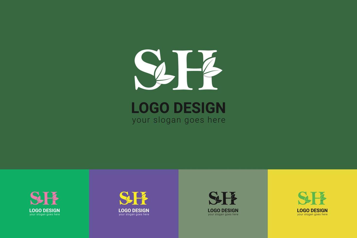 SH letters eco logo with green leaf. Ecology letter logo. Vector typeface for nature posters, eco friendly emblem, vegan identity, herbal and botanical cards etc.