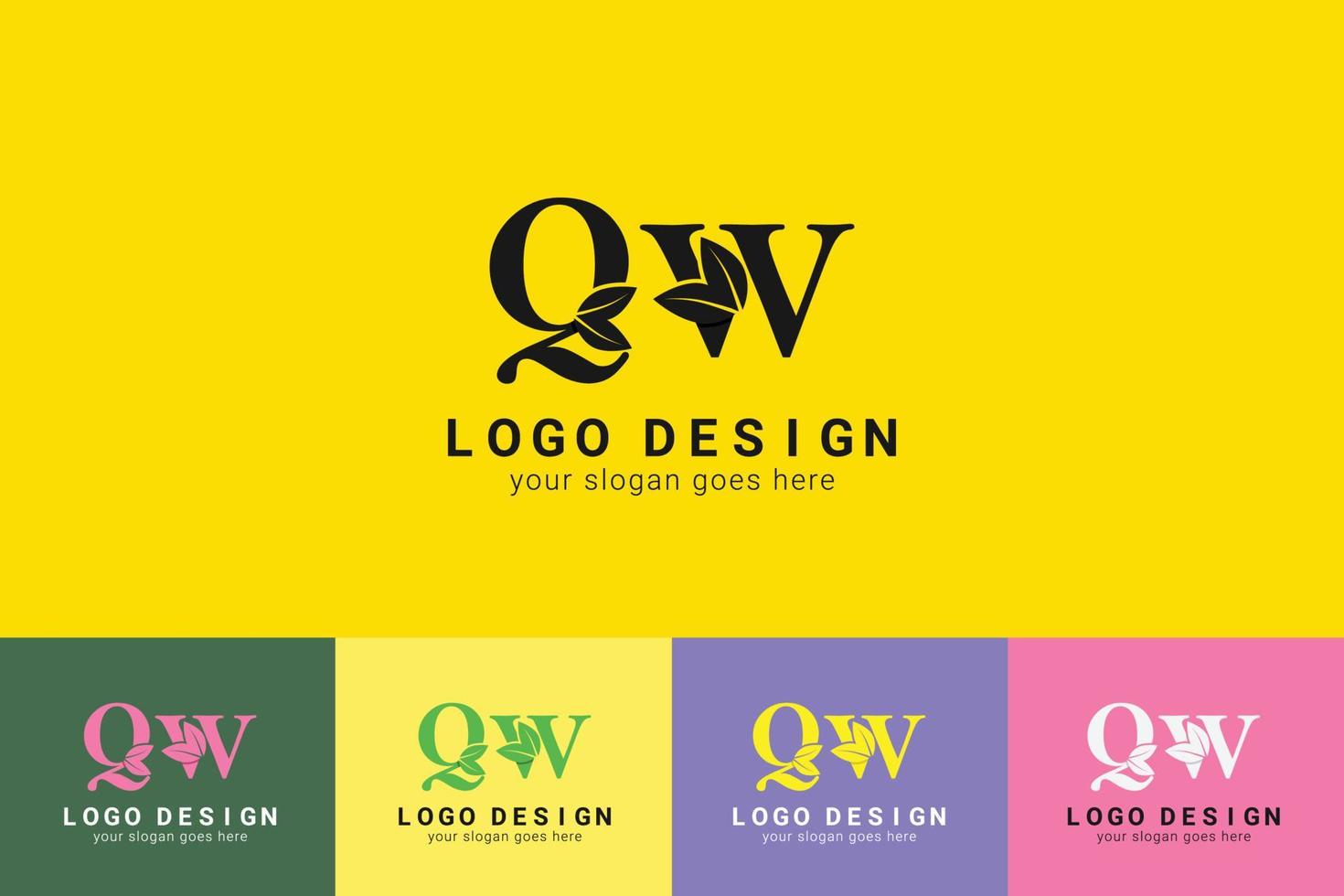QW letters eco logo with green leaf. Ecology letter logo. Vector typeface for nature posters, eco friendly emblem, vegan identity, herbal and botanical cards etc.