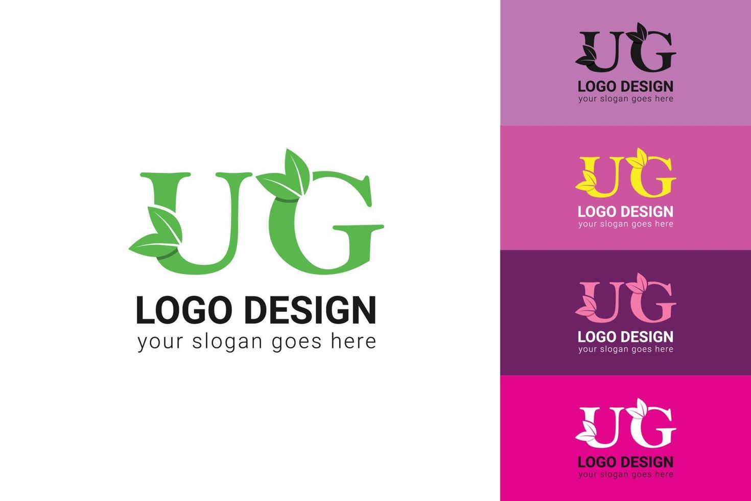 UG letters eco logo with green leaf. Ecology letter logo. Vector typeface for nature posters, eco friendly emblem, vegan identity, herbal and botanical cards etc.