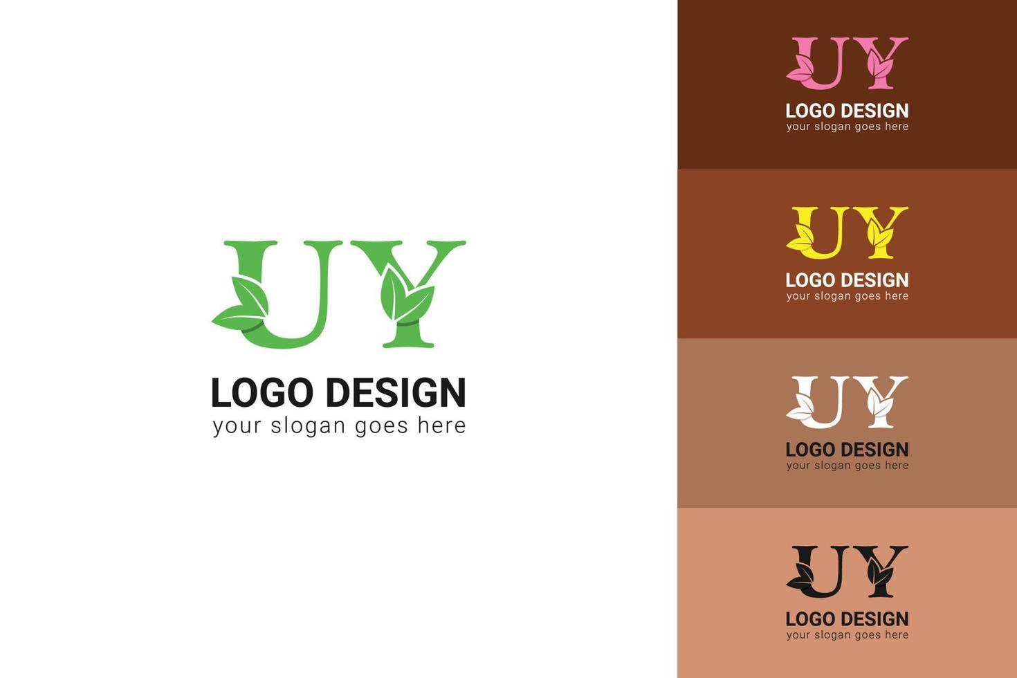 UY letters eco logo with green leaf. Ecology letter logo. Vector typeface for nature posters, eco friendly emblem, vegan identity, herbal and botanical cards etc.