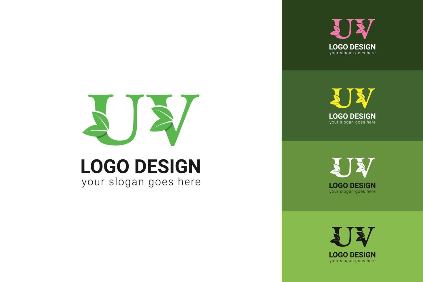UV letters eco logo with green leaf. Ecology letter logo. Vector typeface for nature posters, eco friendly emblem, vegan identity, herbal and botanical cards etc.