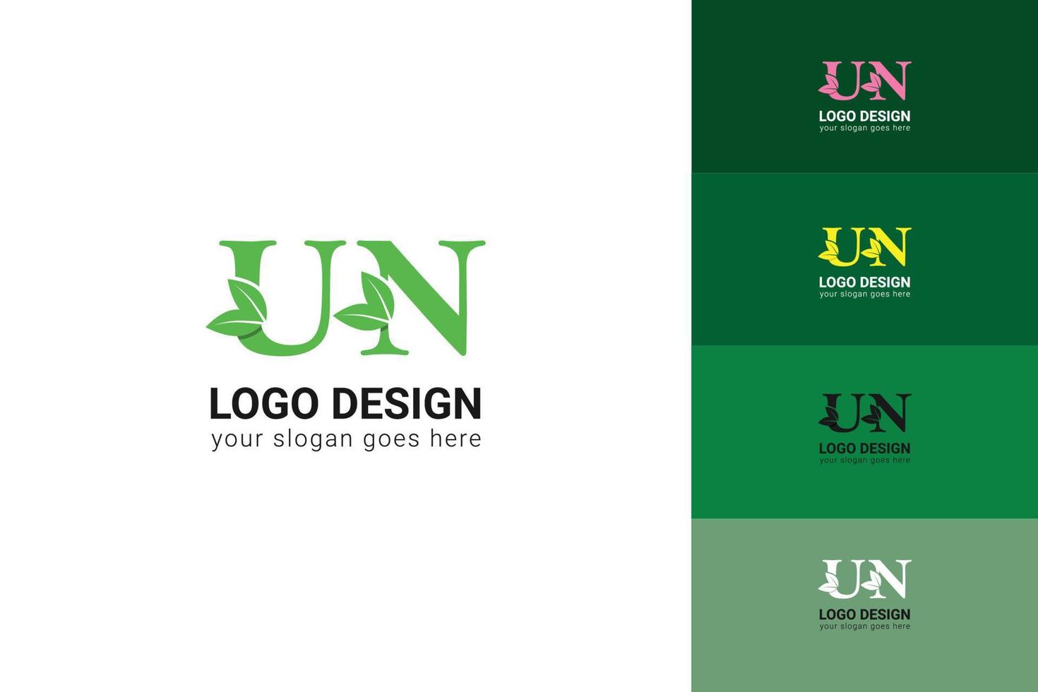 UN letters eco logo with green leaf. Ecology letter logo. Vector typeface for nature posters, eco friendly emblem, vegan identity, herbal and botanical cards etc.