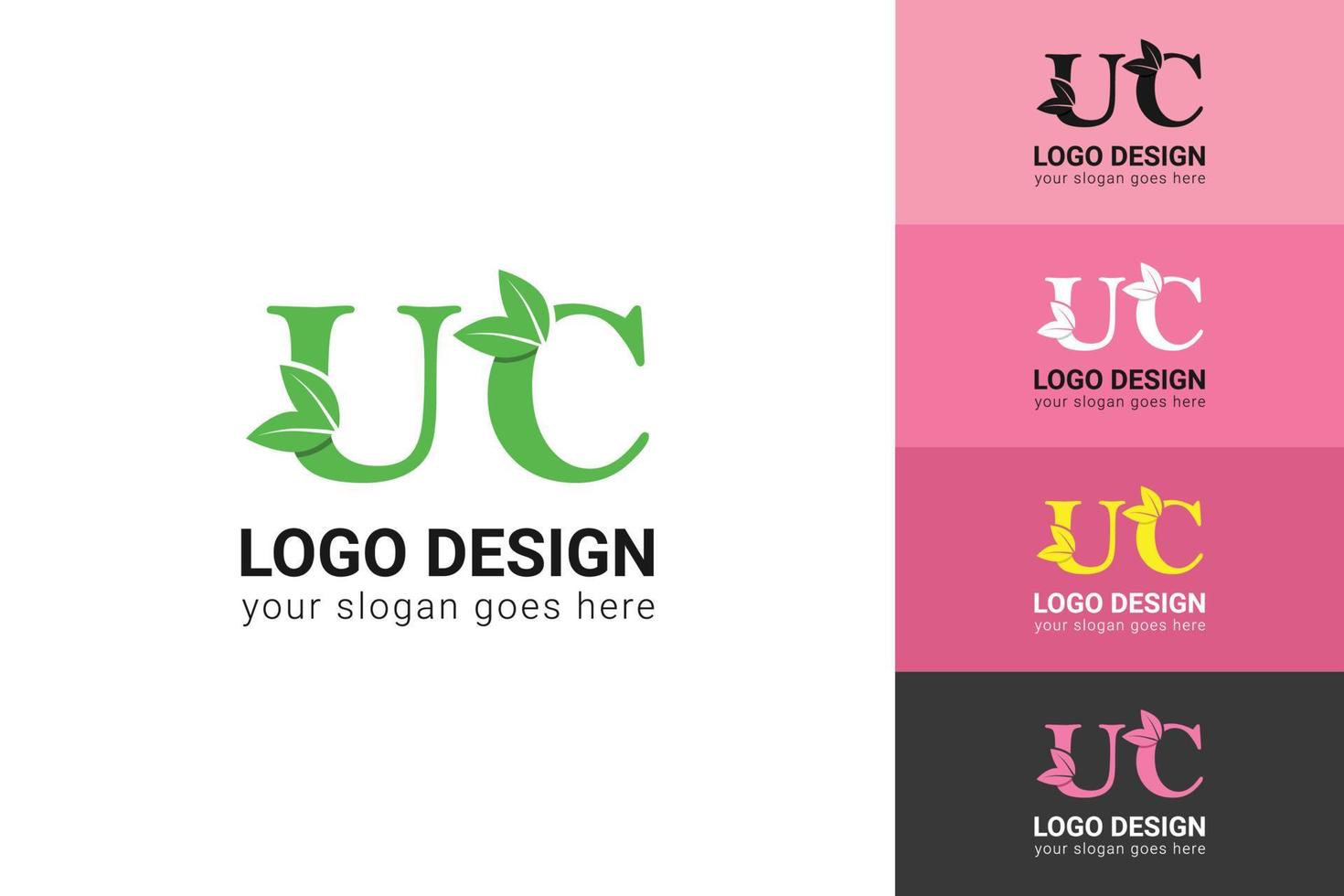UC letters eco logo with green leaf. Ecology letter logo. Vector typeface for nature posters, eco friendly emblem, vegan identity, herbal and botanical cards etc.