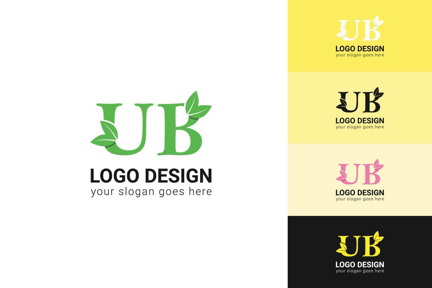 UB letters eco logo with green leaf. Ecology letter logo. Vector typeface for nature posters, eco friendly emblem, vegan identity, herbal and botanical cards etc.