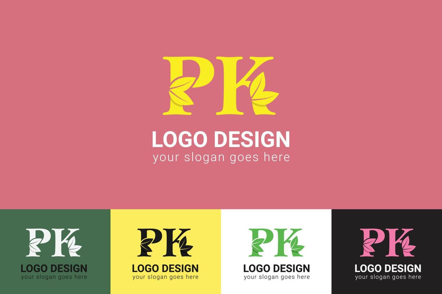 PK letters eco logo with green leaf. Ecology letter logo. Vector typeface for nature posters, eco friendly emblem, vegan identity, herbal and botanical cards etc.