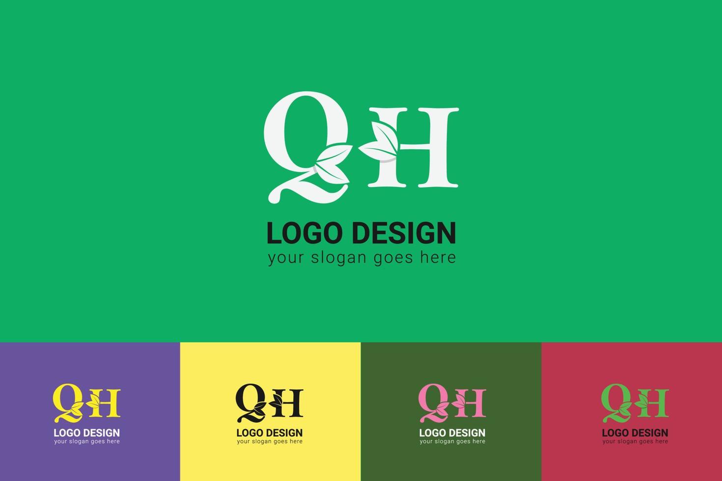 QH letters eco logo with green leaf. Ecology letter logo. Vector typeface for nature posters, eco friendly emblem, vegan identity, herbal and botanical cards etc.
