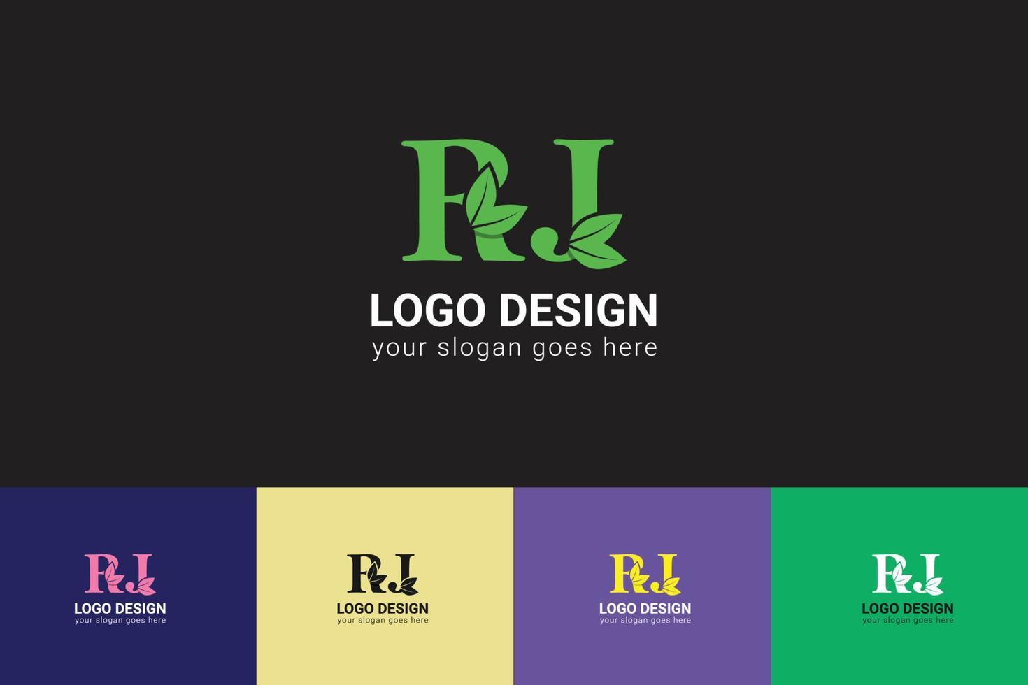 RJ letters eco logo with green leaf. Ecology letter logo. Vector typeface for nature posters, eco friendly emblem, vegan identity, herbal and botanical cards etc.