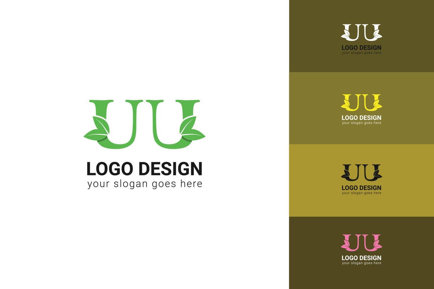 UU letters eco logo with green leaf. Ecology letter logo. Vector typeface for nature posters, eco friendly emblem, vegan identity, herbal and botanical cards etc.