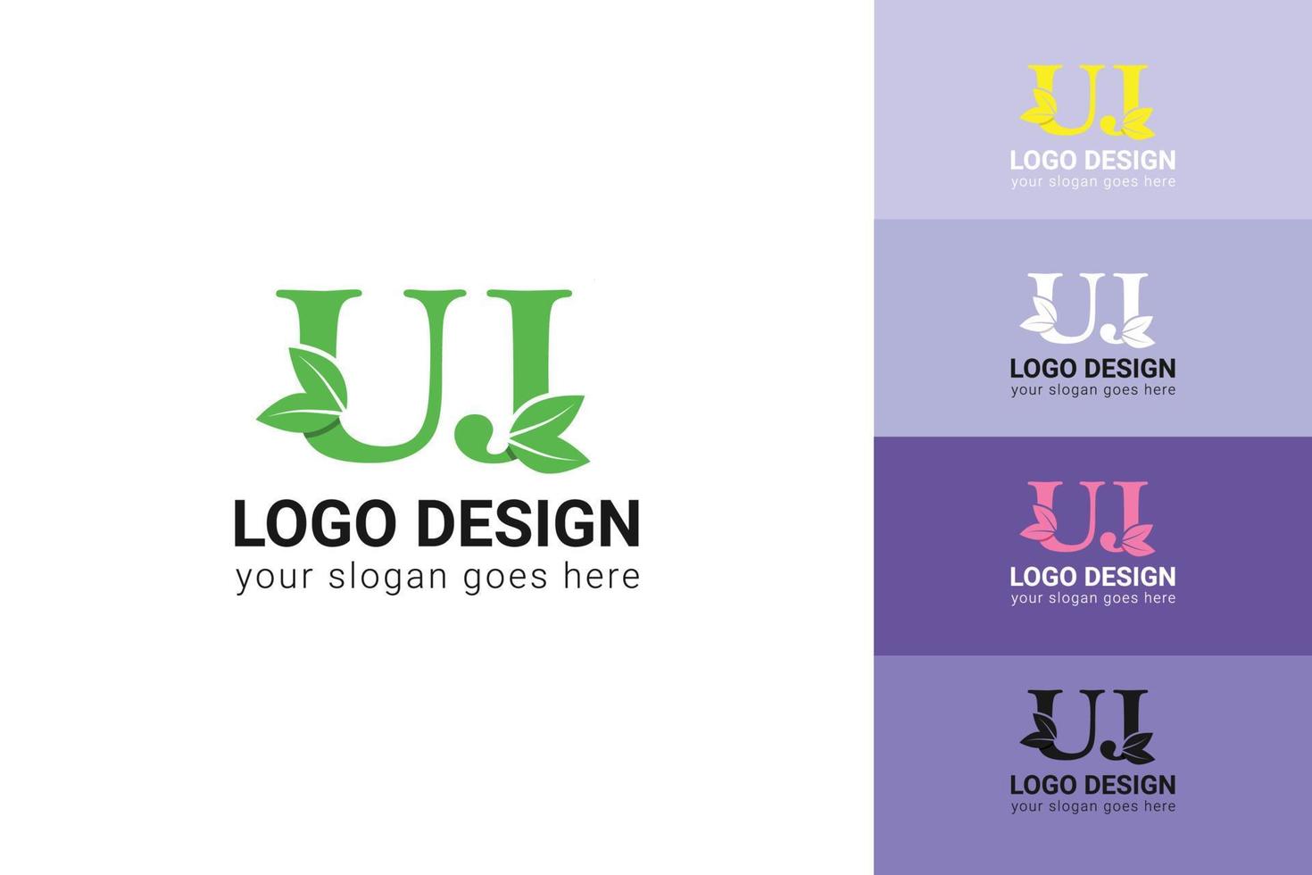 UJ letters eco logo with green leaf. Ecology letter logo. Vector typeface for nature posters, eco friendly emblem, vegan identity, herbal and botanical cards etc.