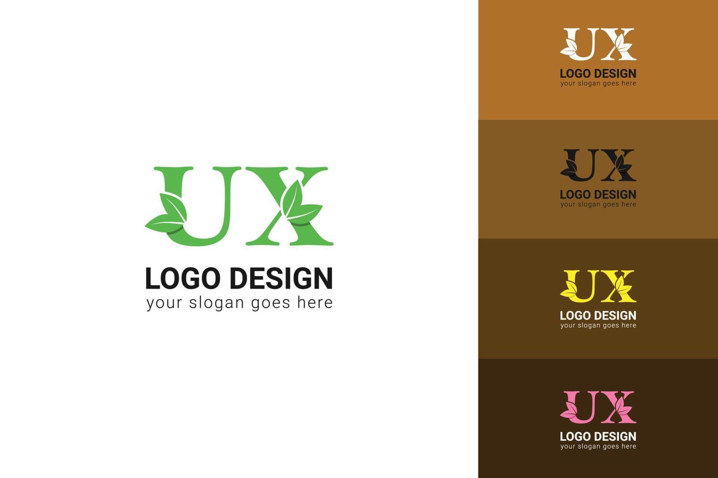 UX letters eco logo with green leaf. Ecology letter logo. Vector typeface for nature posters, eco friendly emblem, vegan identity, herbal and botanical cards etc.
