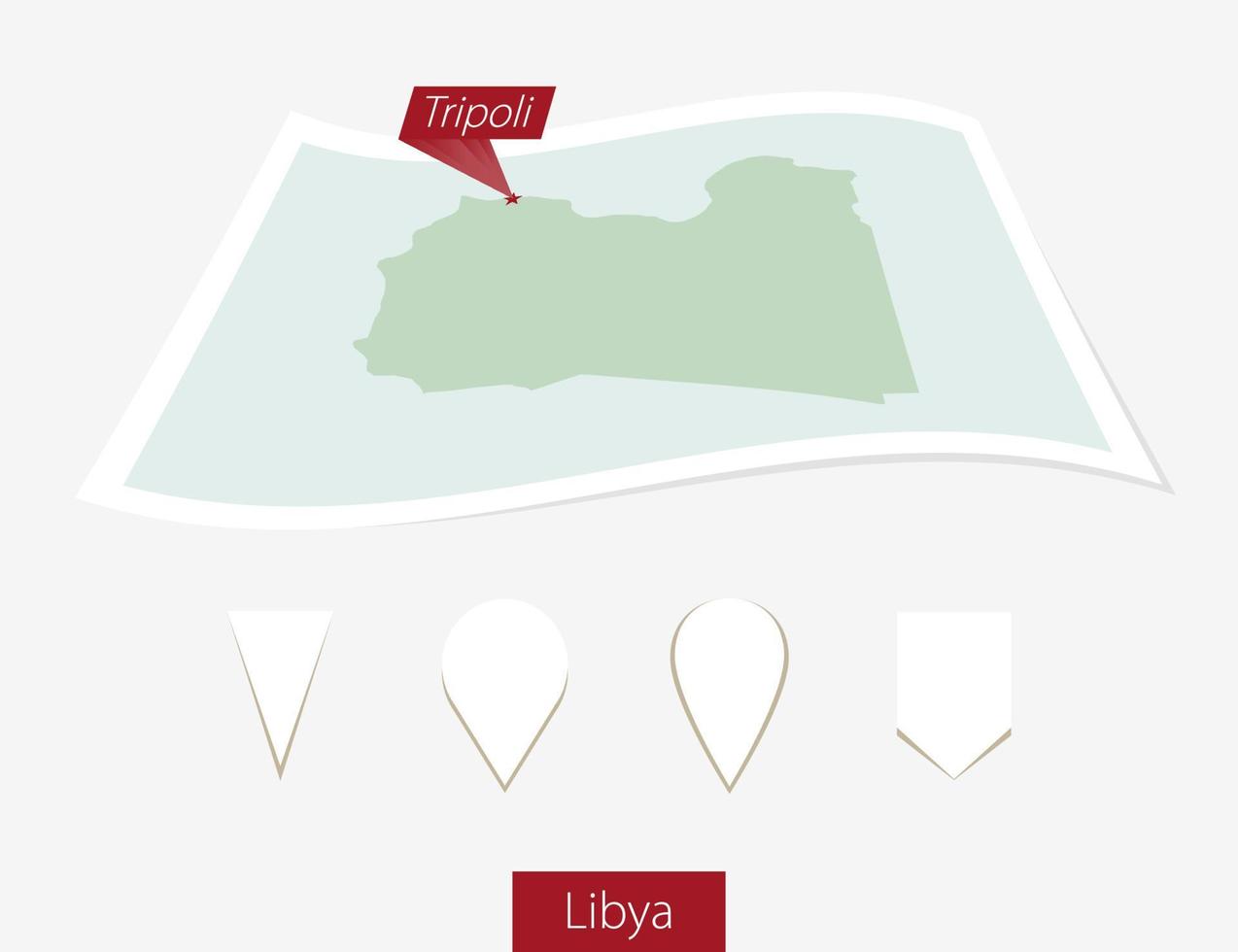 Curved paper map of Libya with capital Tripoli on Gray Background. Four different Map pin set. vector