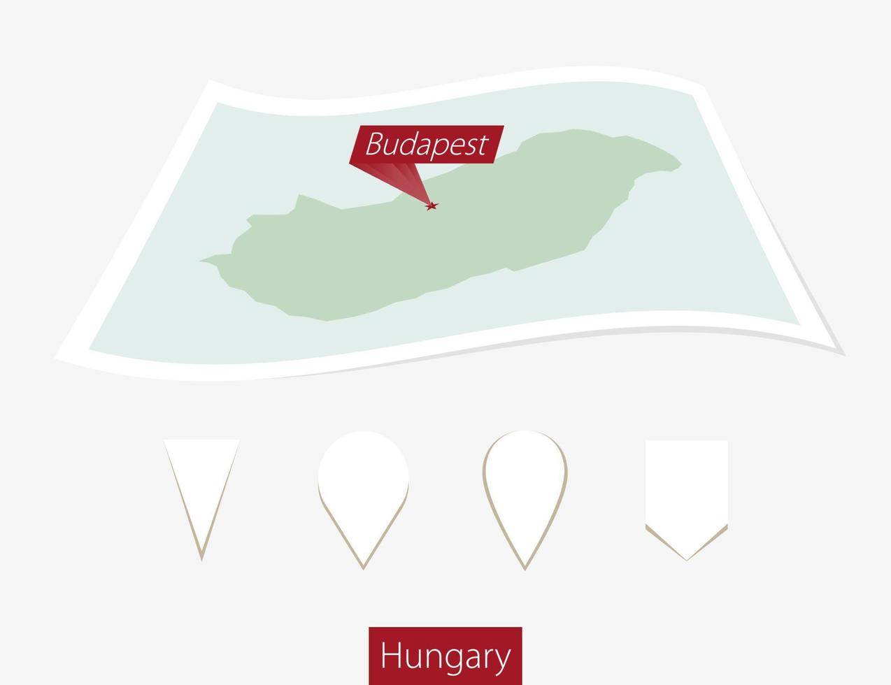 Curved paper map of Hungary with capital Budapest on Gray Background. Four different Map pin set. vector