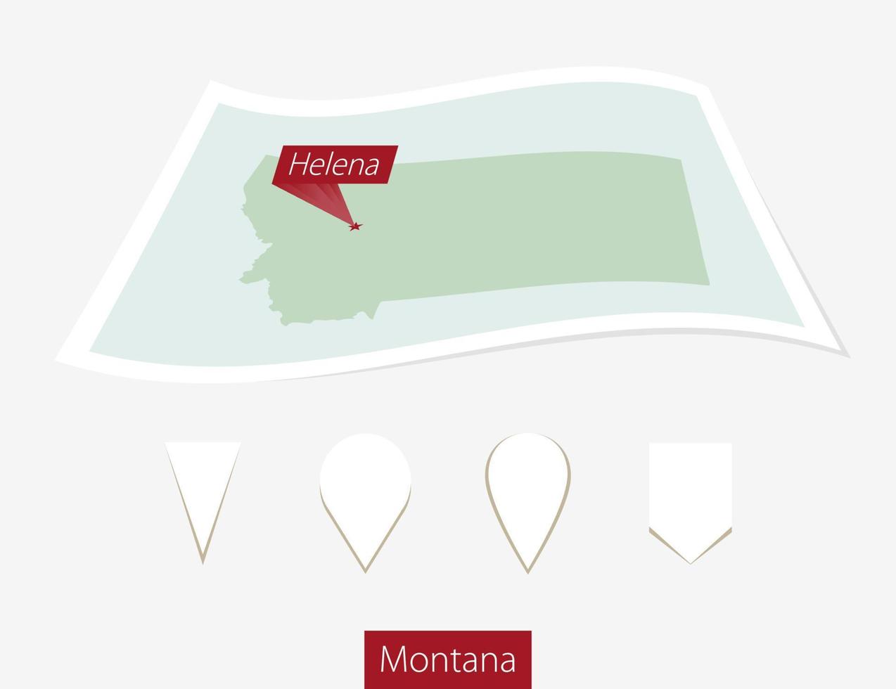 Curved paper map of Montana state with capital Helena on Gray Background. Four different Map pin set. vector