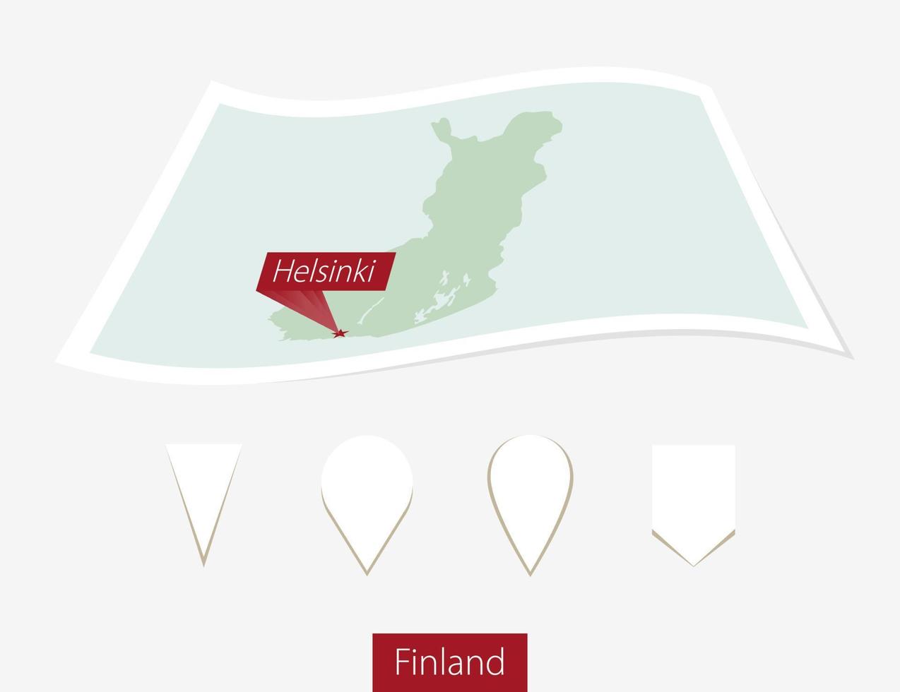 curvo papel mapa de Finlandia con capital helsinki en gris antecedentes. cuatro diferente mapa alfiler colocar. vector