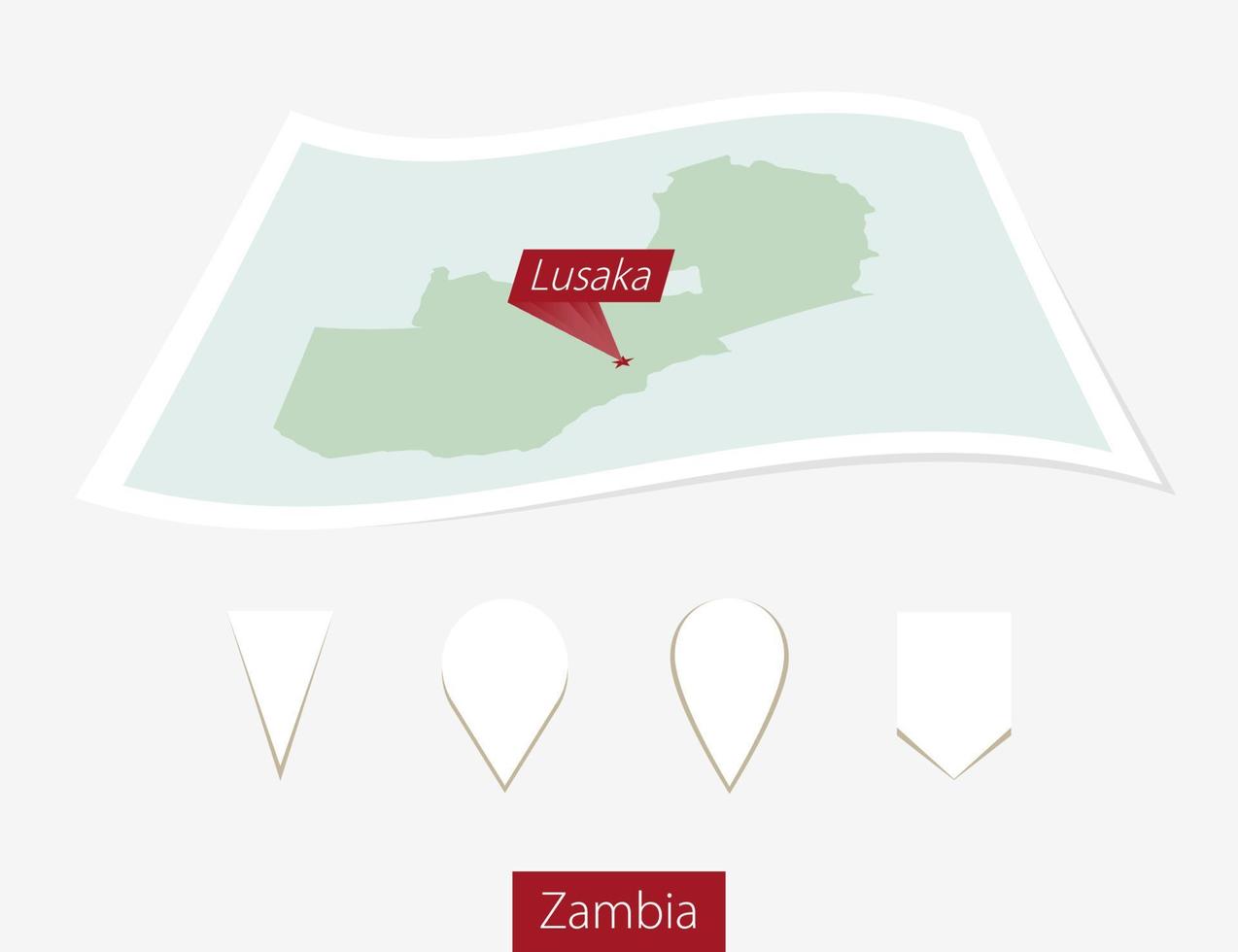 Curved paper map of Zambia with capital Lusaka on Gray Background. Four different Map pin set. vector