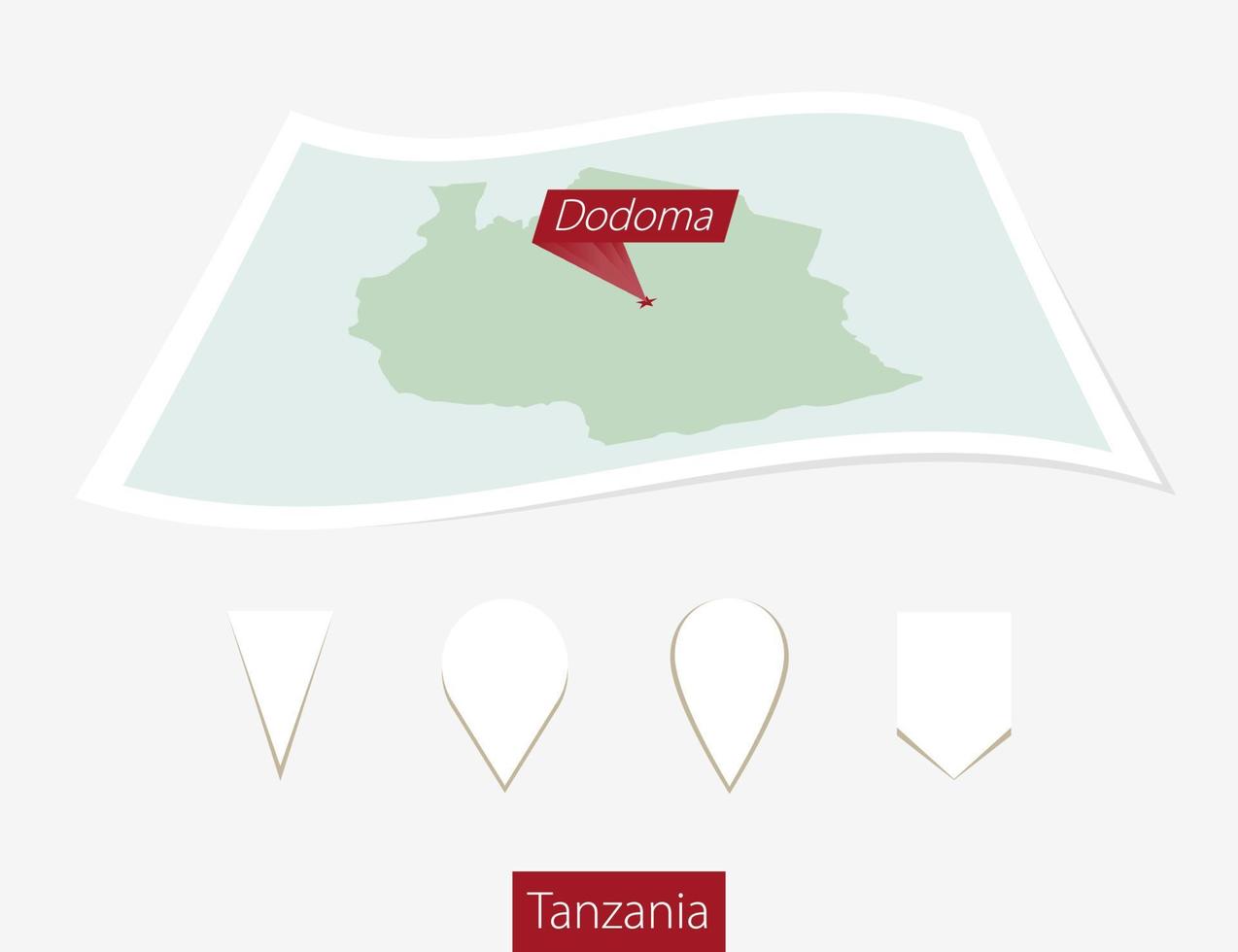 Curved paper map of Tanzania with capital Dodoma on Gray Background. Four different Map pin set. vector