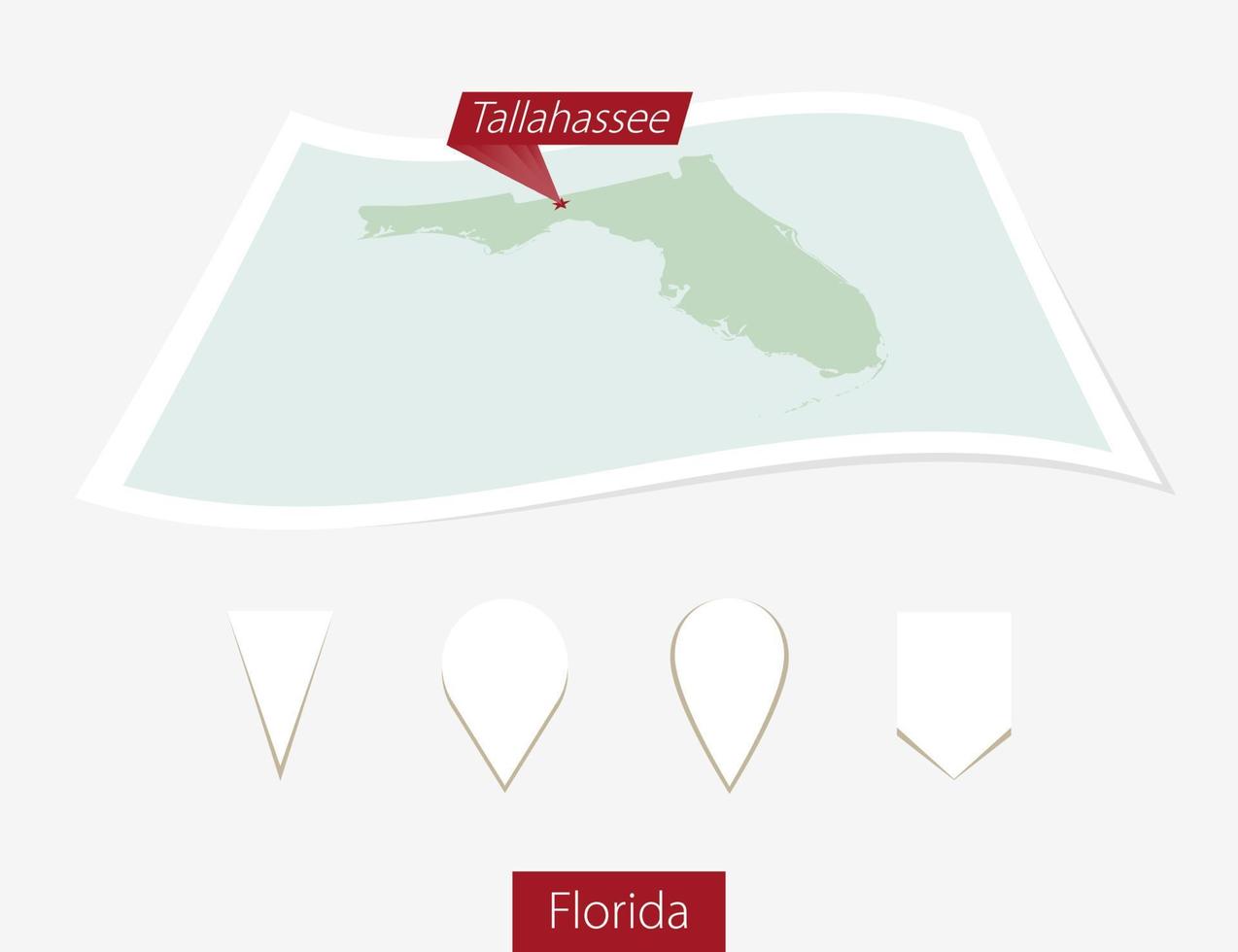 curvo papel mapa de Florida estado con capital tallahassee en gris antecedentes. cuatro diferente mapa alfiler colocar. vector