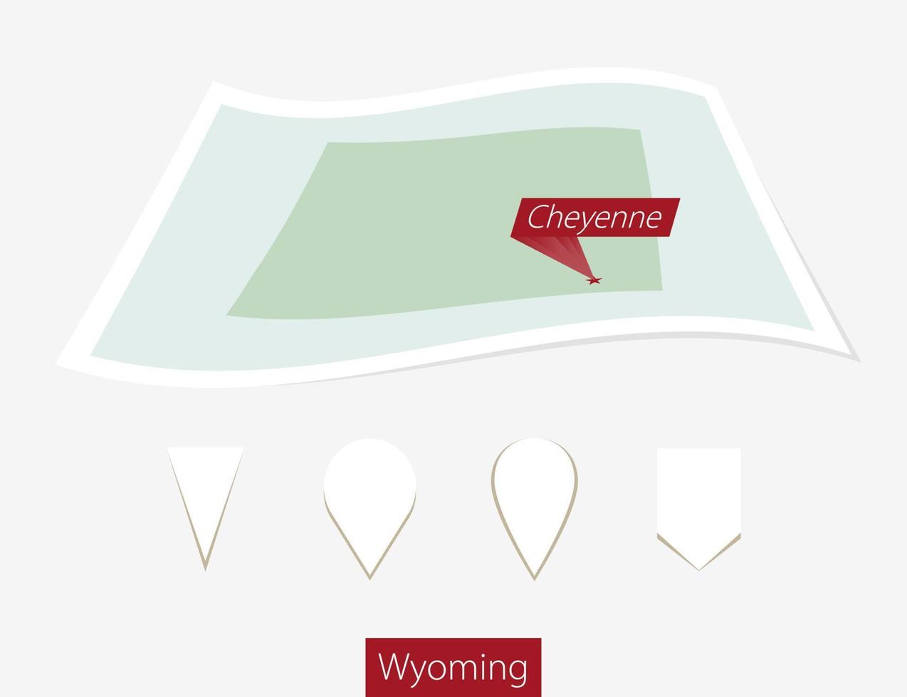 Curved paper map of Wyoming state with capital Cheyenne on Gray Background. Four different Map pin set. vector