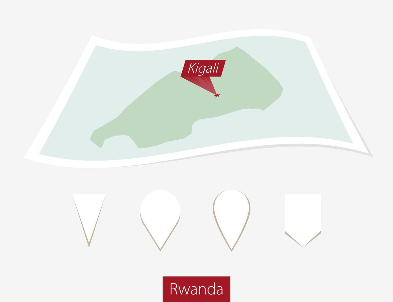 Curved paper map of Rwanda with capital Kigali on Gray Background. Four different Map pin set. vector