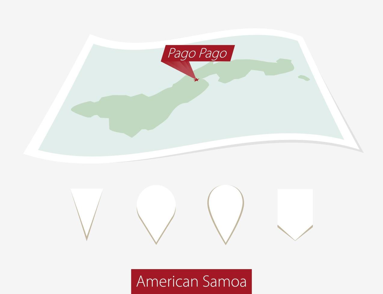 Curved paper map of American Samoa with capital Pago Pago on Gray Background. Four different Map pin set. vector