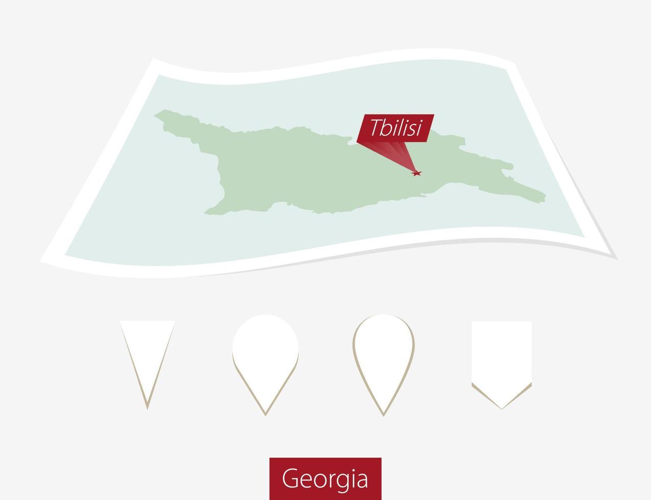 Curved paper map of Georgia with capital Tbilisi on Gray Background. Four different Map pin set. vector