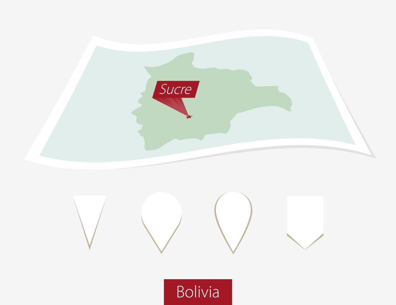 Curved paper map of Bolivia with capital Sucre on Gray Background. Four different Map pin set. vector