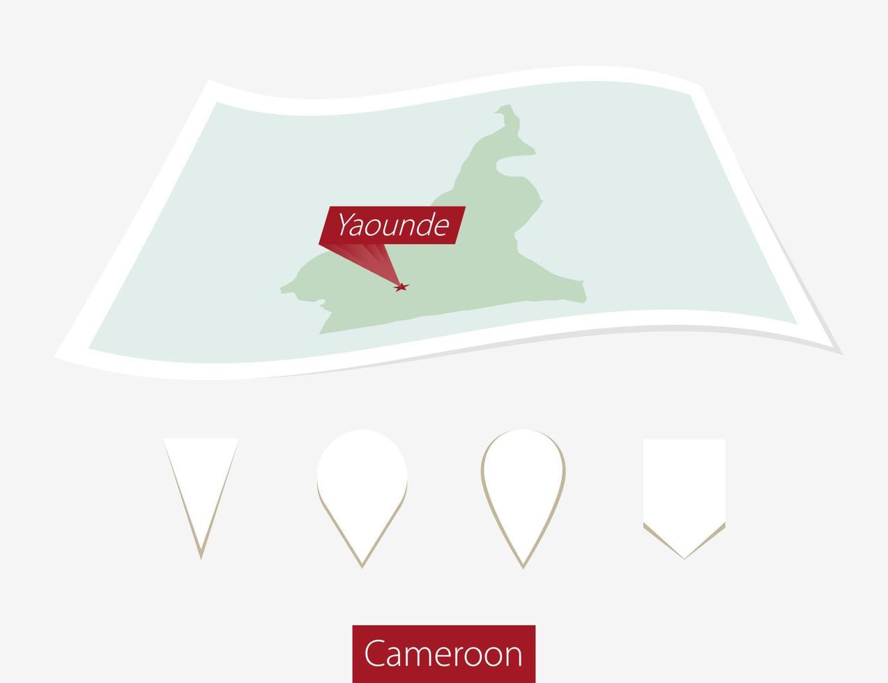 Curved paper map of Cameroon with capital Yaounde on Gray Background. Four different Map pin set. vector