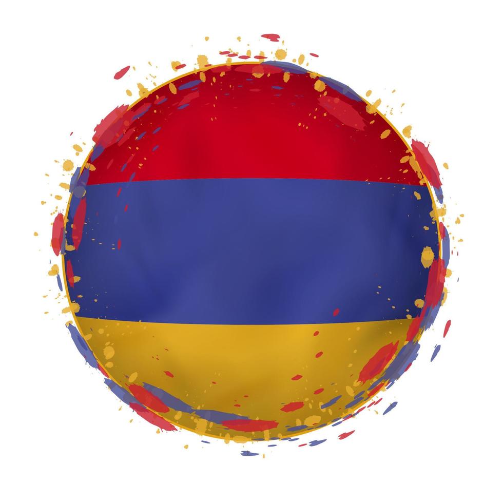 Round grunge flag of Armenia with splashes in flag color. vector
