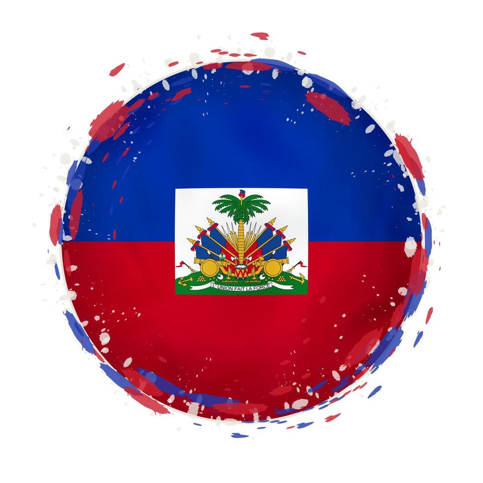 Round grunge flag of Haiti with splashes in flag color. vector