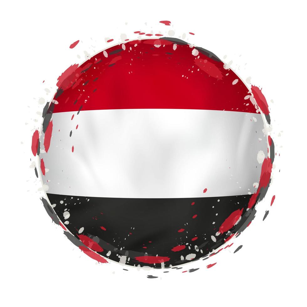 Round grunge flag of Yemen with splashes in flag color. vector