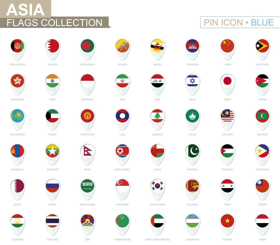 Asia flags collection. Big set of blue pin icon with flags. vector