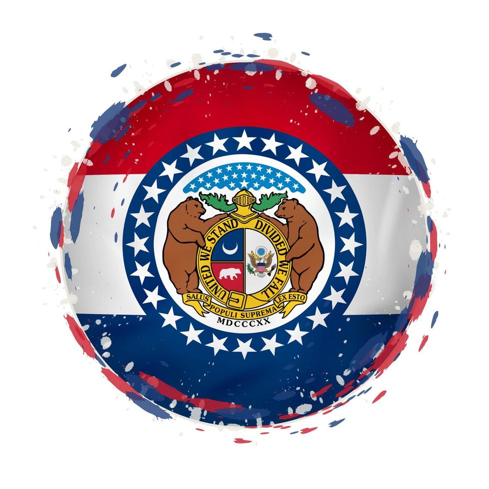 Round grunge flag of Missouri US state with splashes in flag color. vector